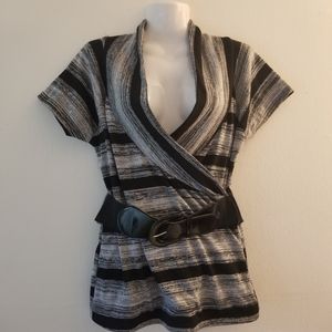 Low Cut Black and Gray Shirt with Belt